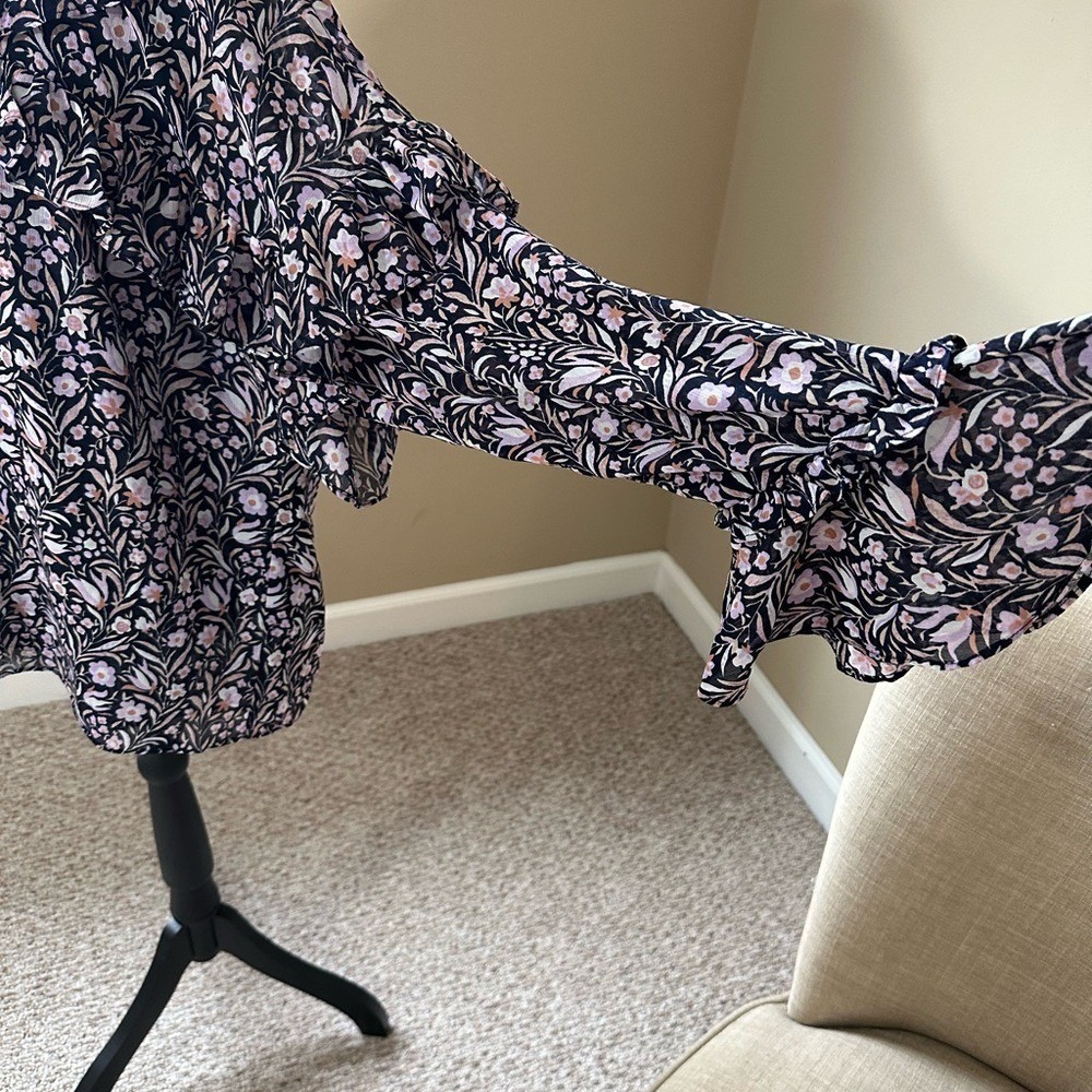 Floral Ruffle Long Sleeve Blouse Navy Pink Tiered Tie Neck Top - Picture 4 of 6